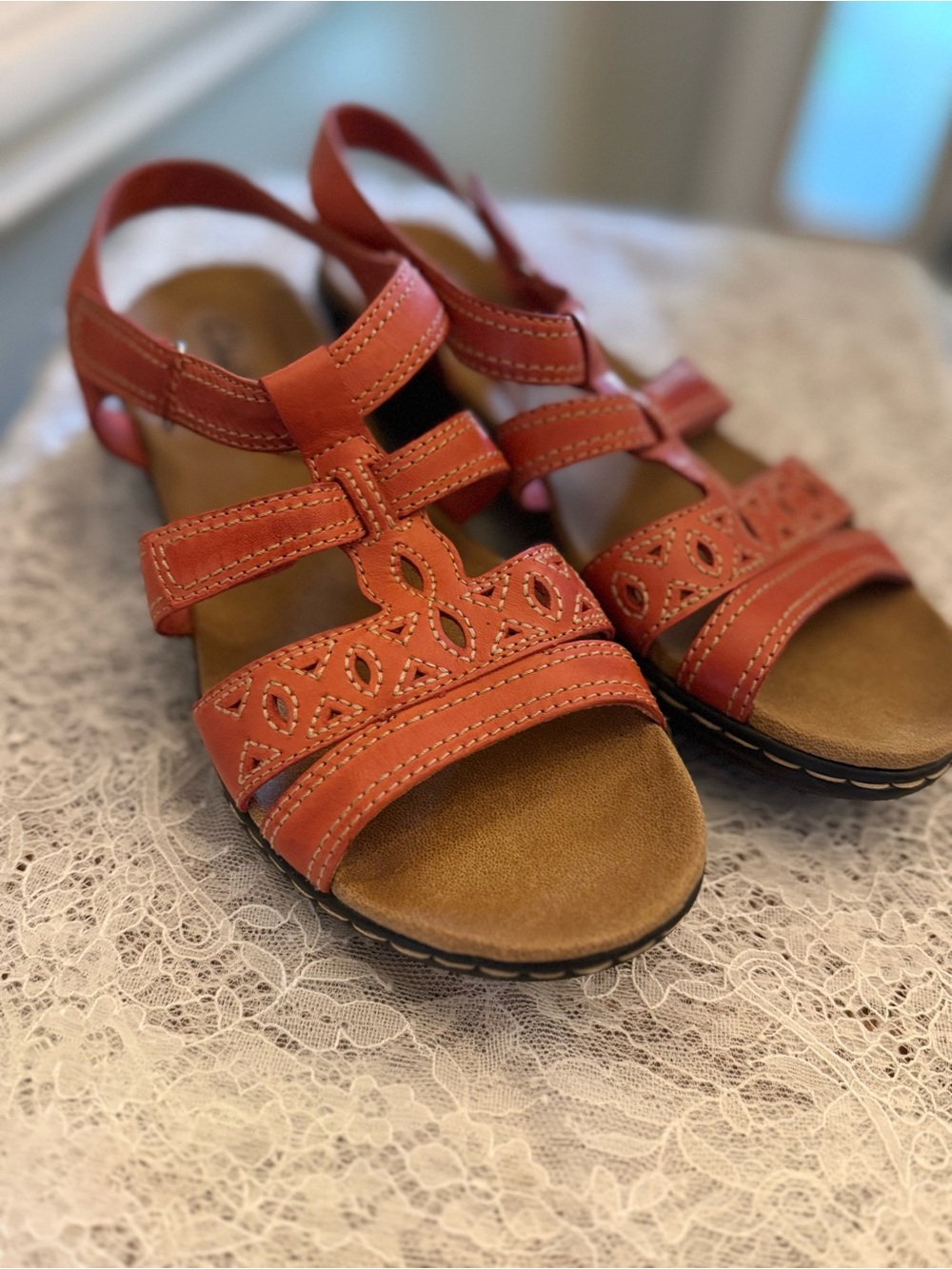 Clarks Coral Red Leather Strappy Comfort Sandals